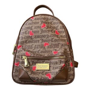 Juicy Couture Mini Backpack Brown Monogram Red Hearts Y2K Bag 11 x 9 x 4"